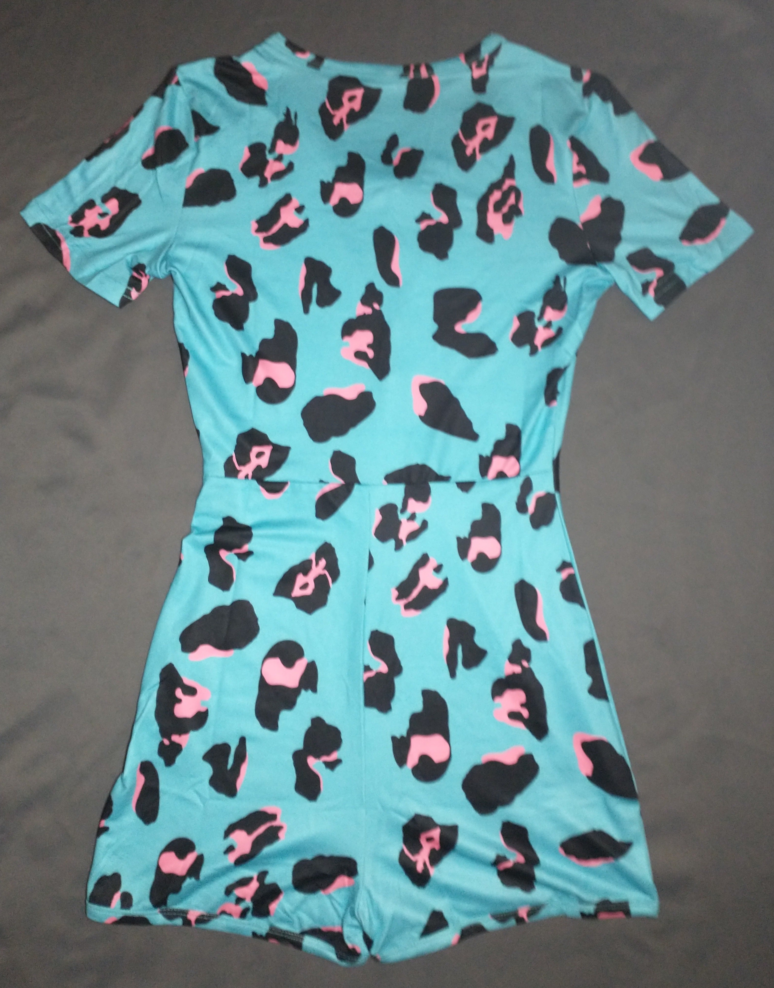 cheetah adult onesie pajama, blue, shorts, short sleeve, sexy, sleepwear, jumpsuit