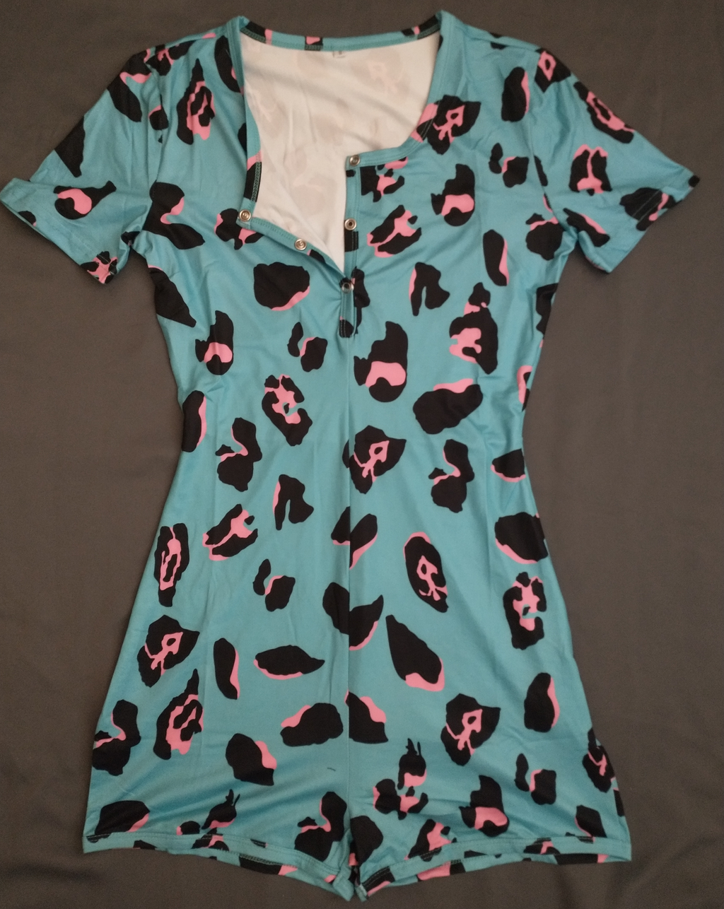 cheetah adult onesie pajama, blue, shorts, short sleeve, sexy, sleepwear, jumpsuit