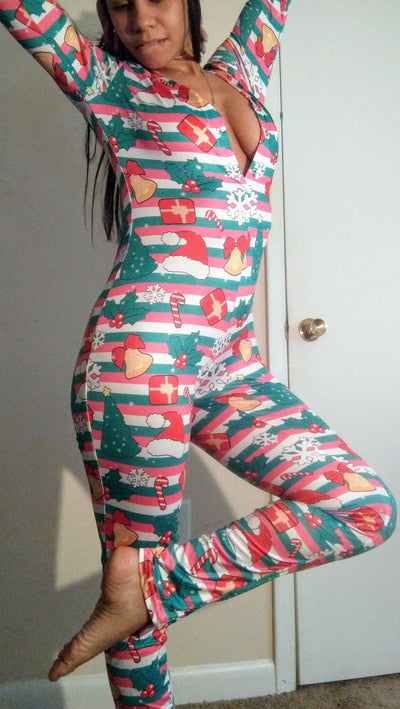 christmas candy cane christmas tree adult onesie pajama jumpsuit for woman