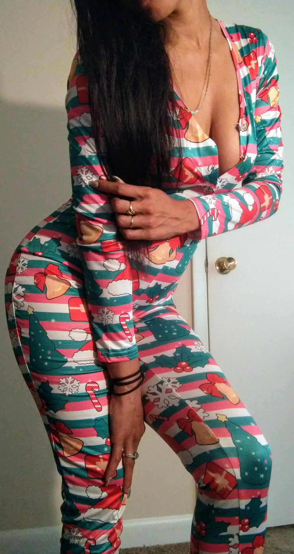christmas candy cane christmas tree adult onesie pajama jumpsuit for woman