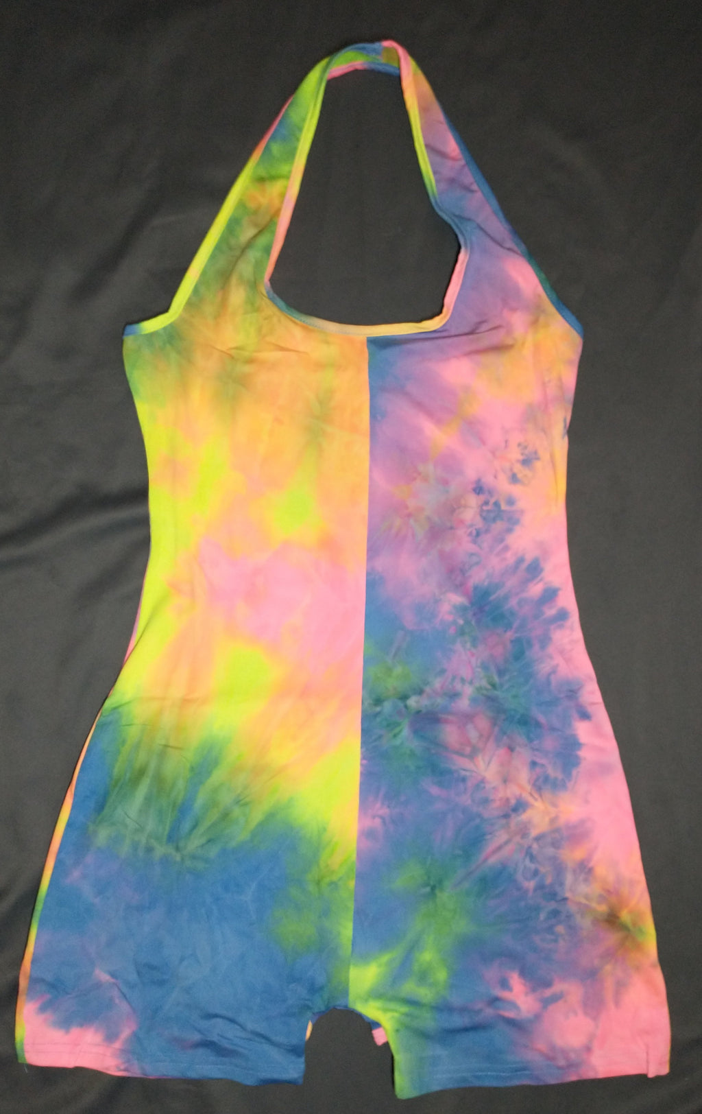 Cotton candy, tie dye, onesie, adult, butt, flap, neck around, sleeveless, sexy