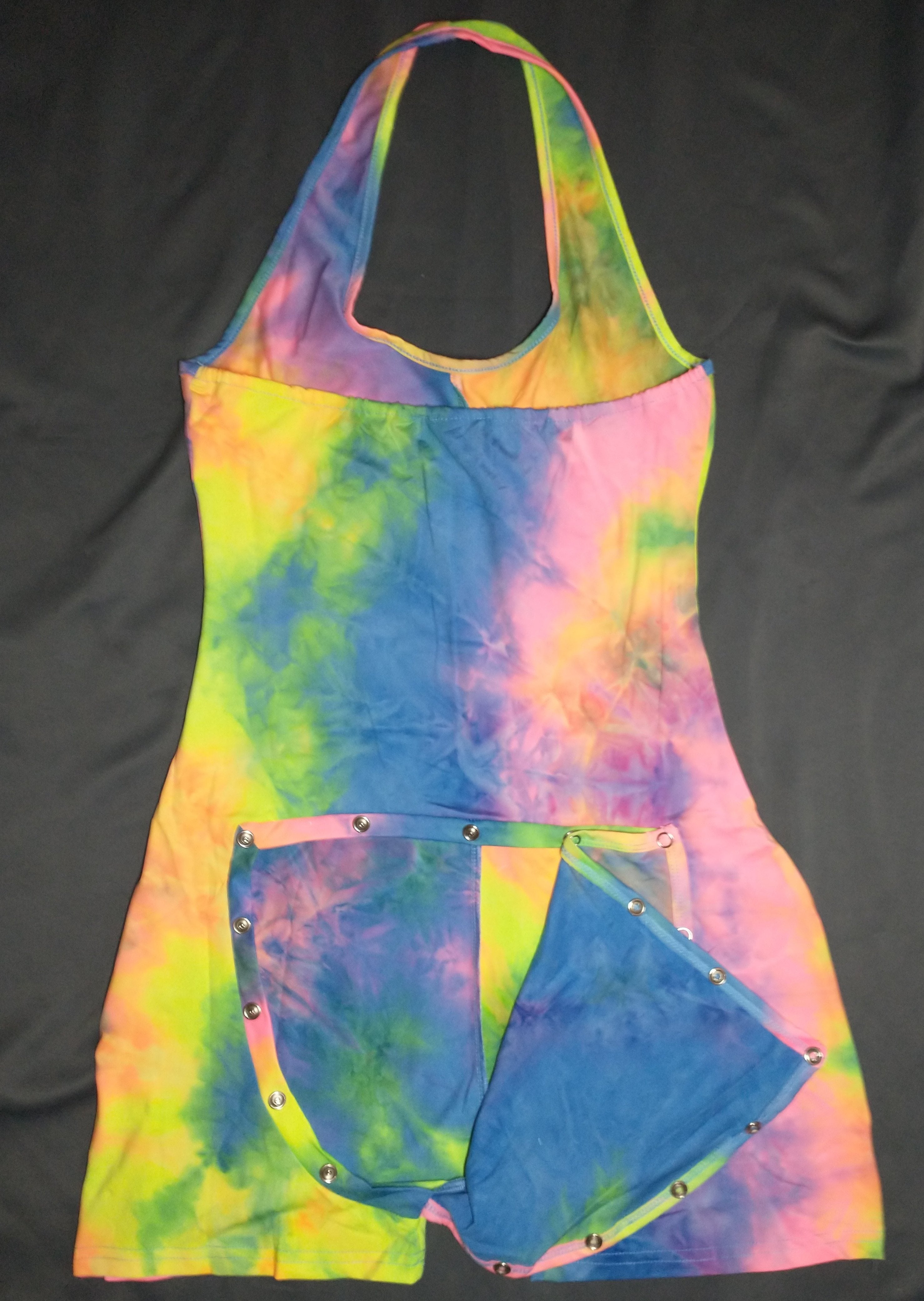 Cotton candy, tie dye, onesie, adult, butt, flap, neck around, sleeveless, sexy