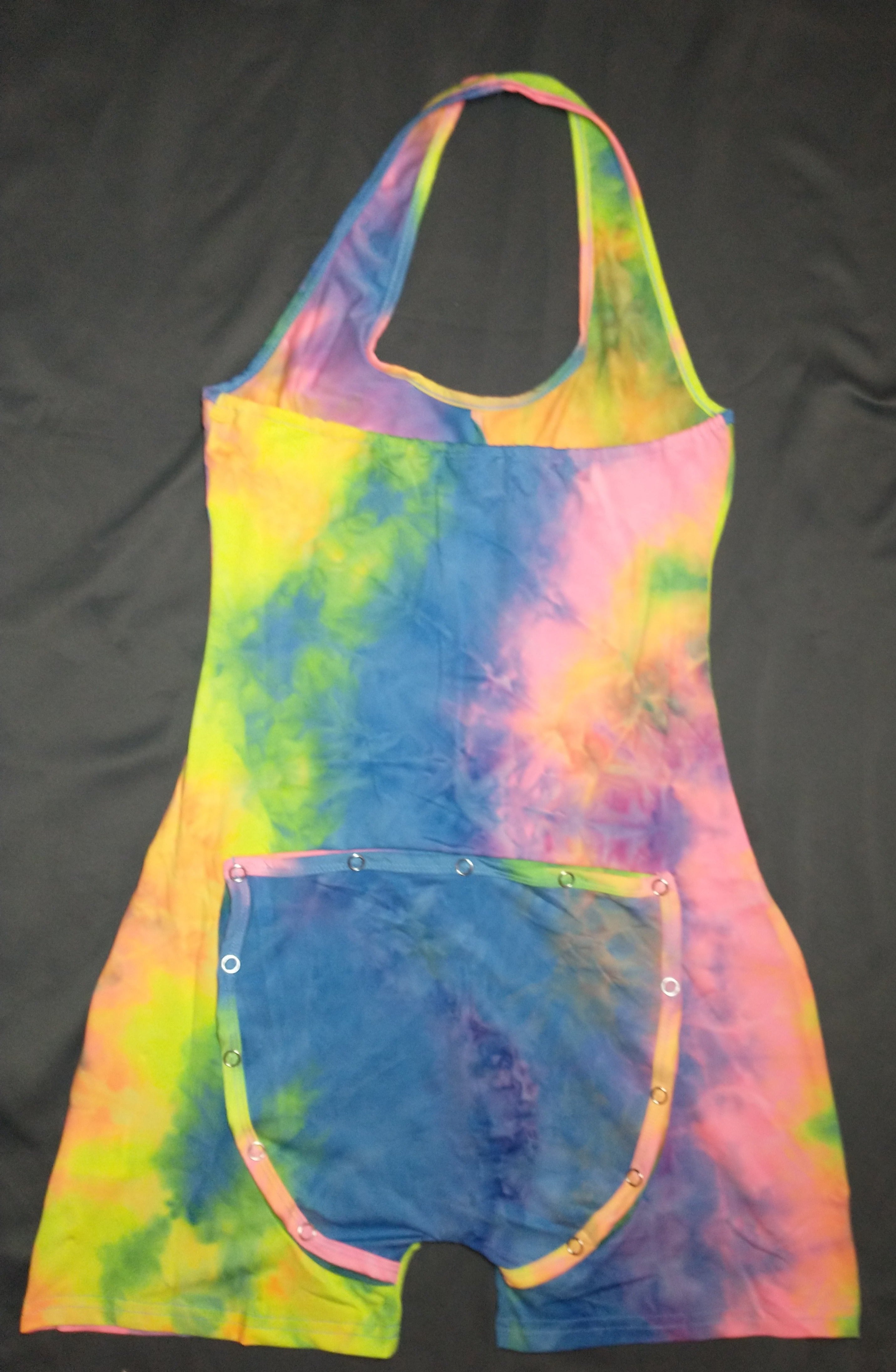 Cotton candy, tie dye, onesie, adult, butt, flap, neck around, sleeveless, sexy