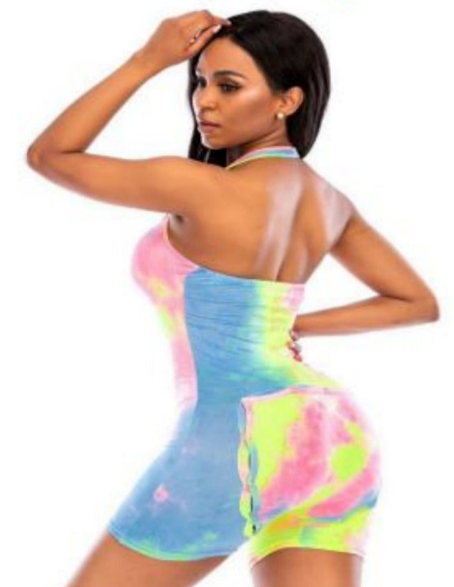 Cotton candy, tie dye, onesie, adult, butt, flap, neck around, sleeveless, sexy