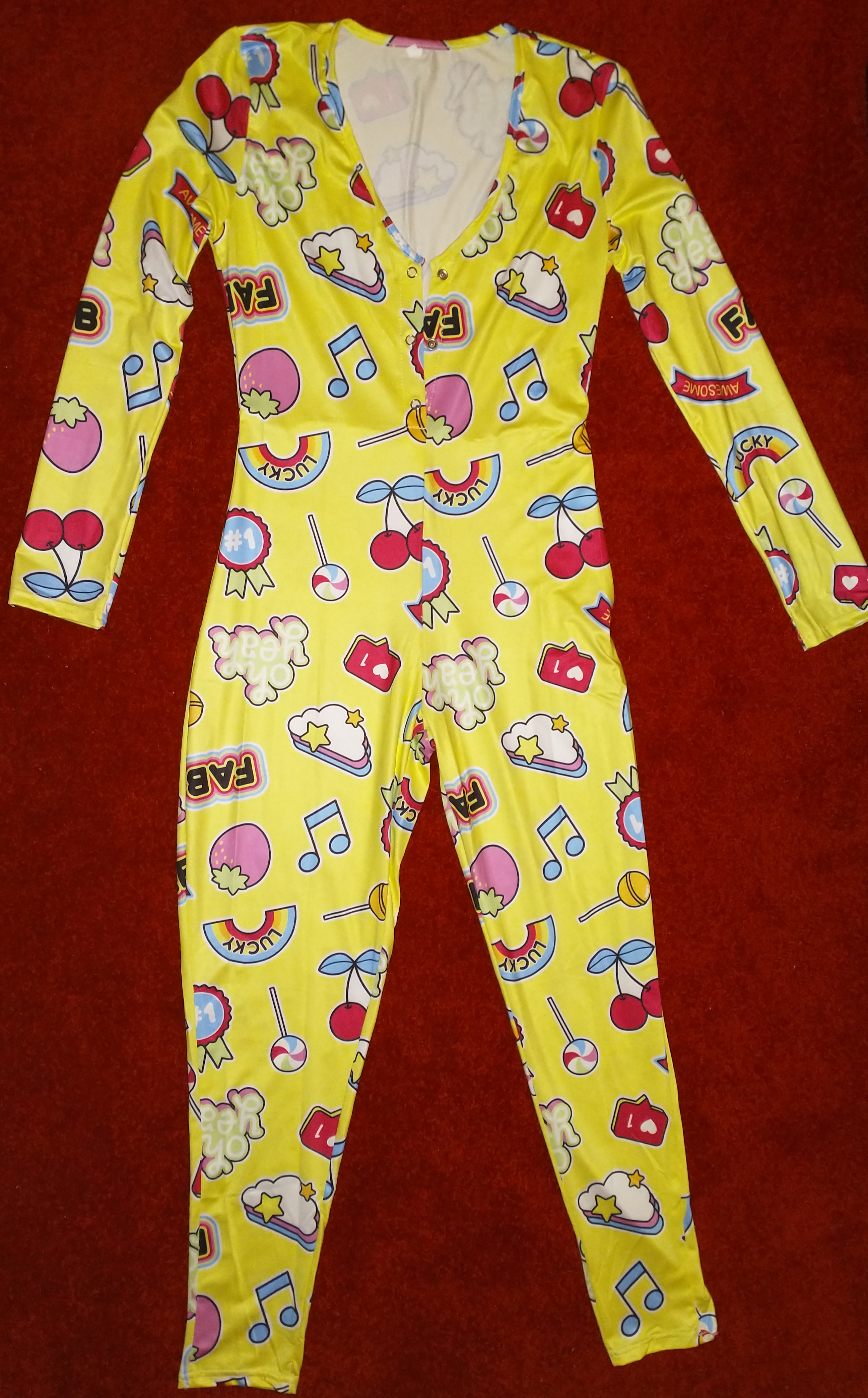 Fabulous, rainbow, candy land, cherry, popsicle, clouds and stars, onesie, pajama, adult, sexy, sleepwear, jumpsuit
