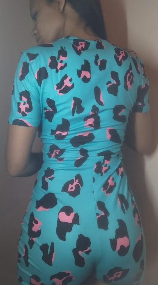 cheetah adult onesie pajama, blue, shorts, short sleeve, sexy, sleepwear, jumpsuit