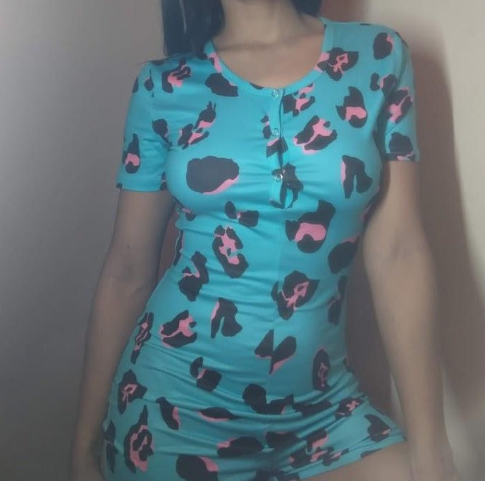 cheetah adult onesie pajama, blue, shorts, short sleeve, sexy, sleepwear, jumpsuit