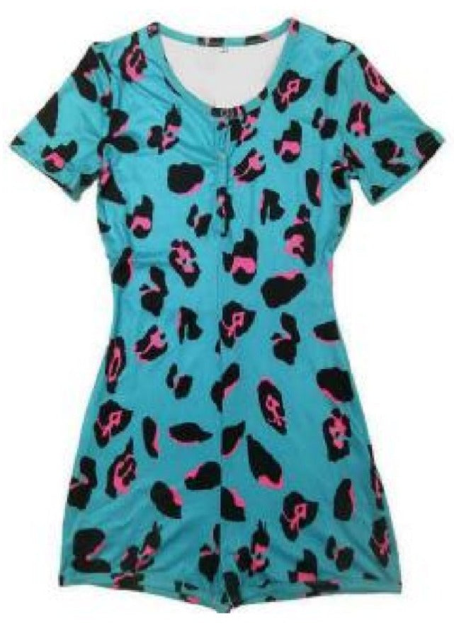 cheetah adult onesie pajama, blue, shorts, short sleeve, sexy, sleepwear, jumpsuit