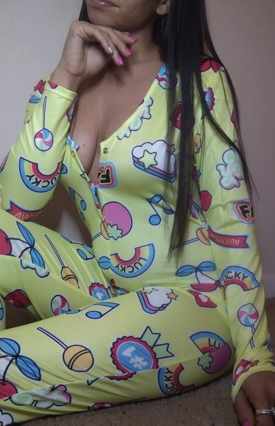 Fabulous, rainbow, candy land, cherry, popsicle, clouds and stars, onesie, pajama, adult, sexy, sleepwear, jumpsuit