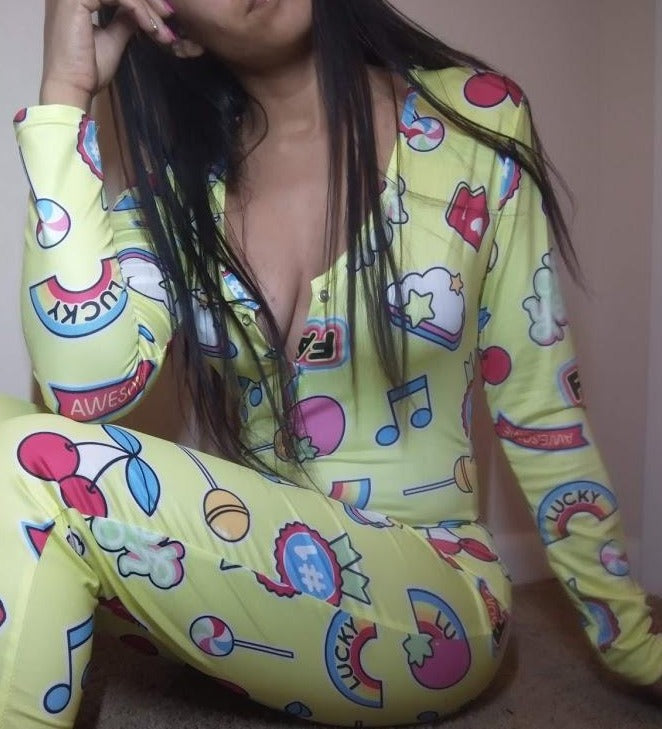 Fabulous, rainbow, candy land, cherry, popsicle, clouds and stars, onesie, pajama, adult, sexy, sleepwear, jumpsuit