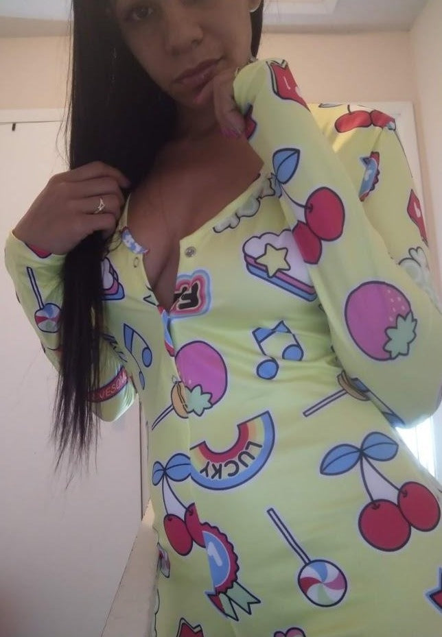 Fabulous, rainbow, candy land, cherry, popsicle, clouds and stars, onesie, pajama, adult, sexy, sleepwear, jumpsuit